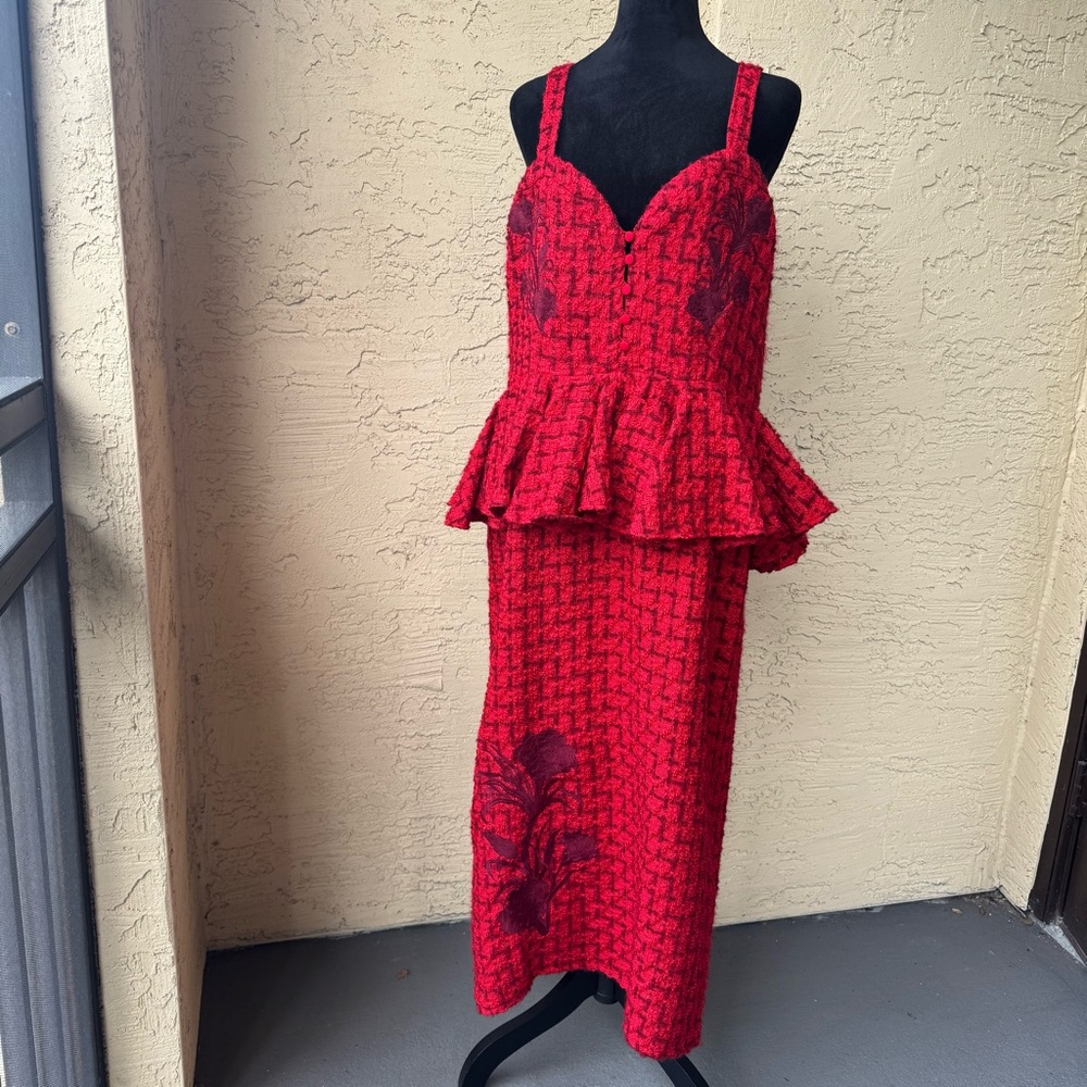Fanm Mon Gulia Peplum Red Tweed Midi Dress XL - Picture 2 of 13